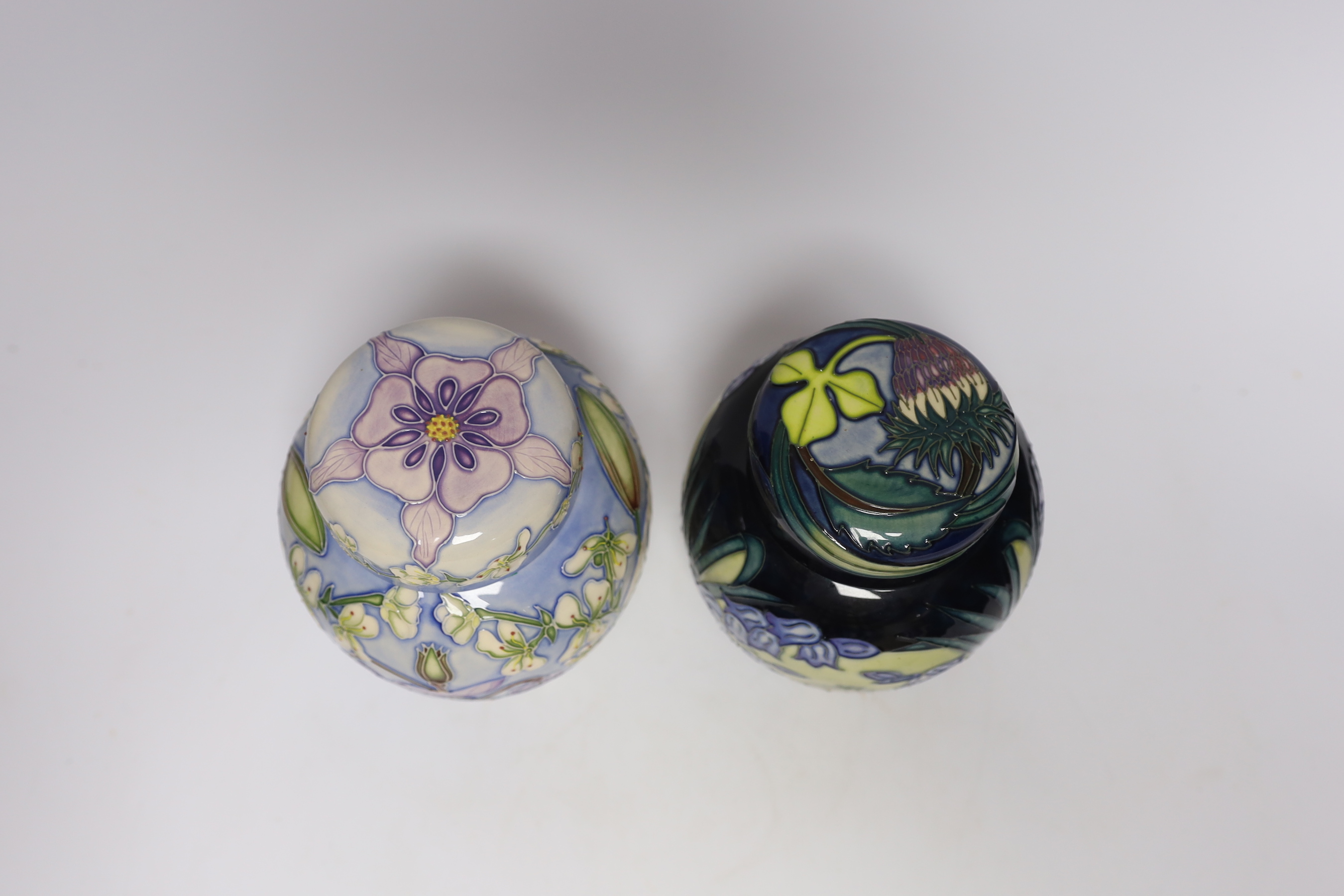 Two Moorcroft Shakespeare collection ginger jars; Love's Labour Lost and Cymbeline pattern, limited edition of 250, 15.5cm high